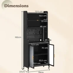 COSTWAY Køkkenbuffet 192 CM med hjul, Stor arbejdsflade, Justerbar hylde, Perforeret panel, til Spisestue Stue Svart