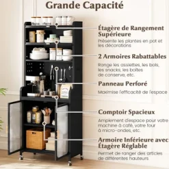 COSTWAY Køkkenbuffet 192 CM med hjul, Stor arbejdsflade, Justerbar hylde, Perforeret panel, til Spisestue Stue Svart
