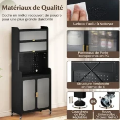 COSTWAY Køkkenbuffet 192 CM med hjul, Stor arbejdsflade, Justerbar hylde, Perforeret panel, til Spisestue Stue Svart