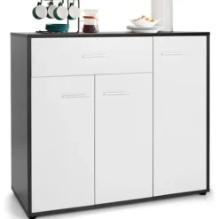 COSTWAY Køkkenbuffet 2 Skabe, Stor Skuffe, Justerbar Hylde - Lav Buffet 88x40x80 CM - Stue Spisestue - Grå+Hvid