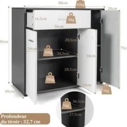 COSTWAY Køkkenbuffet 2 Skabe, Stor Skuffe, Justerbar Hylde - Lav Buffet 88x40x80 CM - Stue Spisestue - Grå+Hvid