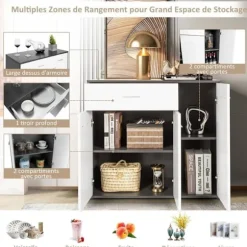 COSTWAY Køkkenbuffet 2 Skabe, Stor Skuffe, Justerbar Hylde - Lav Buffet 88x40x80 CM - Stue Spisestue - Grå+Hvid