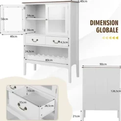 COSTWAY køkkenskænk med 2 glasdøre med 2 flaskeholdere, justerbar hylde, anti-vip, 90x40x126,5 cm
