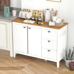 COSTWAY køkkenskænk med 2 låger og 3 skuffer, anti-tipsæt, til køkken, spisestue, stue, 106 x 40 x 80 cm Vit