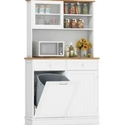COSTWAY køkkenskænk med 45L skjult vippespand, bordplade af gummitræ, justerbare hylder, 100 x 34 x 172 cm Vitt och naturligt