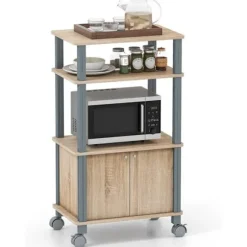 COSTWAY Køkkenvogn med Hjul, Skabe, Skab til Ovn på Træ med 3 Hylder, 60 x 40 x 98 CM >Färg på PE Rattan: Svart >Färg på