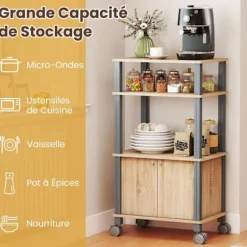 COSTWAY Køkkenvogn med Hjul, Skabe, Skab til Ovn på Træ med 3 Hylder, 60 x 40 x 98 CM >Färg på PE Rattan: Svart >Färg på