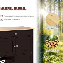 COSTWAY Køkkenvogn med hjul i gummitræ, skuffe, 3-niveau flaskeholder og 2 skabe, Brun kastanj