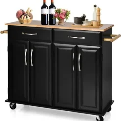 COSTWAY Køkkenvogn på hjul - 2 skuffer, 2 dobbeltdørsskabe, justerbare hylder - Kitchen Island Trolley - Sort Svart