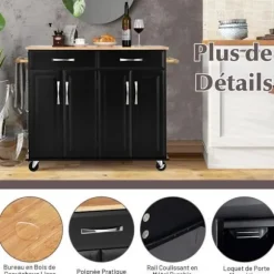 COSTWAY Køkkenvogn på hjul - 2 skuffer, 2 dobbeltdørsskabe, justerbare hylder - Kitchen Island Trolley - Sort Svart