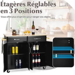 COSTWAY Køkkenvogn på hjul - 2 skuffer, 2 dobbeltdørsskabe, justerbare hylder - Kitchen Island Trolley - Sort Svart