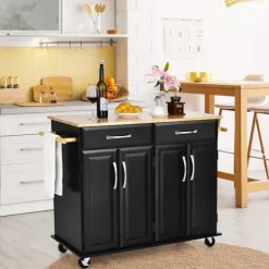 COSTWAY Køkkenvogn på hjul - 2 skuffer, 2 dobbeltdørsskabe, justerbare hylder - Kitchen Island Trolley - Sort Svart