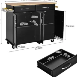 COSTWAY Køkkenvogn på hjul - 2 skuffer, 2 dobbeltdørsskabe, justerbare hylder - Kitchen Island Trolley - Sort Svart