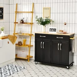COSTWAY Køkkenvogn på hjul - 2 skuffer, 2 dobbeltdørsskabe, justerbare hylder - Kitchen Island Trolley - Sort Svart
