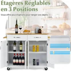 COSTWAY Køkkenvogn på hjul - 2 skuffer, 2 dobbeltdørsskabe, justerbare hylder - Kitchen Island Trolley - Hvid Vit