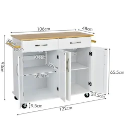 COSTWAY Køkkenvogn på hjul - 2 skuffer, 2 dobbeltdørsskabe, justerbare hylder - Kitchen Island Trolley - Hvid Vit