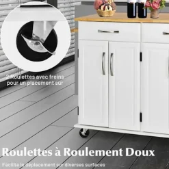 COSTWAY Køkkenvogn på hjul - 2 skuffer, 2 dobbeltdørsskabe, justerbare hylder - Kitchen Island Trolley - Hvid Vit