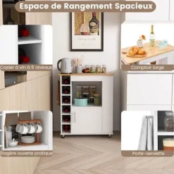 COSTWAY køkkenvogn på hjul - 6 flaske vinreol, krydderestativ, dør - Kitchen Island vogn - hvid Vit