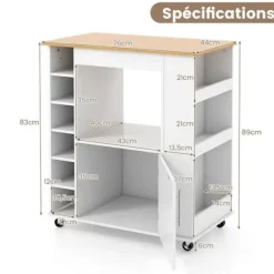 COSTWAY køkkenvogn på hjul - 6 flaske vinreol, krydderestativ, dør - Kitchen Island vogn - hvid Vit