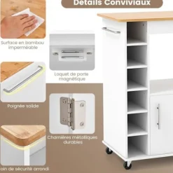COSTWAY køkkenvogn på hjul - 6 flaske vinreol, krydderestativ, dør - Kitchen Island vogn - hvid Vit