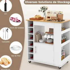 COSTWAY køkkenvogn på hjul - 6 flaske vinreol, krydderestativ, dør - Kitchen Island vogn - hvid Vit