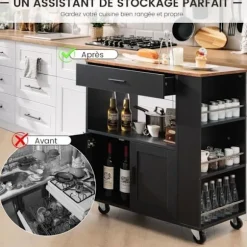 COSTWAY Køkkenvogn på Rulle (2 Låselige) 82x46x92cm Ø-køkkenvogn med 3 Krydderskuffe Sort Svart
