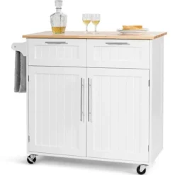 COSTWAY Køkkenvogn/Trolley på hjul - 94x45x94,5 CM - 2 skuffer - 2 låger - Håndklædestativ - Køkkenø - Hvid