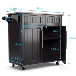 COSTWAY Køkkenvogn/Trolley på hjul - 94x45x94,5 CM - 2 skuffer - 2 låger - Håndklædestativ - Køkkenø - Café