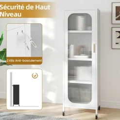COSTWAY Kommode med 5 Niveauer med Stribet Sikkerhedsglasfront, Justerbare Hylder, til Spisestue, Badeværelse, Stue Hvid