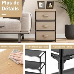 COSTWAY Kommode med 3 Skuffer i Stof 40 x 30 x 62 cm, med Metalramme, Opbevaringsskuffemøbel til Værelset, Industriel, Kaffefarve
