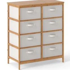 COSTWAY Kommode med 8 Skuffer i Stof med Bambusramme, Aftagelige Stofkasser, til Skab, Stue, Entré 80 x 40 x 94 cm Beige