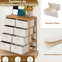 COSTWAY Kommode med 8 Skuffer i Stof med Bambusramme, Aftagelige Stofkasser, til Skab, Stue, Entré 80 x 40 x 94 cm Beige