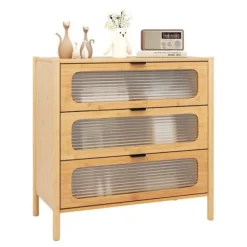 COSTWAY Kommode med 3 Skuffer med Stribet Tempereret Glasfront, Bambus til Stue, Værelse, Kontor, Naturlig, 80 x 40 x 78,5 cm Natur