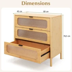 COSTWAY Kommode med 3 Skuffer med Stribet Tempereret Glasfront, Bambus til Stue, Værelse, Kontor, Naturlig, 80 x 40 x 78,5 cm Natur