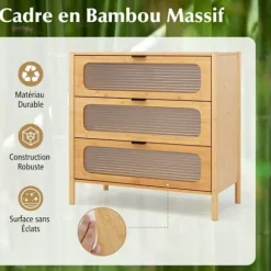 COSTWAY Kommode med 3 Skuffer med Stribet Tempereret Glasfront, Bambus til Stue, Værelse, Kontor, Naturlig, 80 x 40 x 78,5 cm Natur