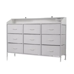 COSTWAY Kommode med 9 Skuffer i Stof med LED-lys, Opladningsstation, Metalramme, til Skab, Stue, Entré Hvid Hvid