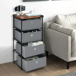 COSTWAY kommode med 4 stofskuffer 42 x 33,5 x 84,5 cm, med metalramme, opbevaringsskuffemøbler til soveværelse, industri, grå