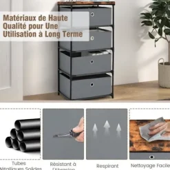 COSTWAY kommode med 4 stofskuffer 42 x 33,5 x 84,5 cm, med metalramme, opbevaringsskuffemøbler til soveværelse, industri, grå