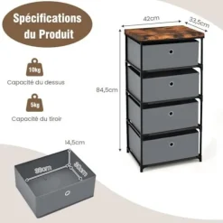 COSTWAY kommode med 4 stofskuffer 42 x 33,5 x 84,5 cm, med metalramme, opbevaringsskuffemøbler til soveværelse, industri, grå