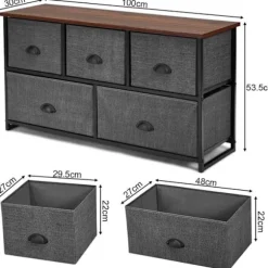 COSTWAY kommode med 5 stofskuffer, opbevaringsenhed til soveværelse, stue, korridorer, indgange, 100 x 30 x 53,5 CM Grå