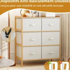 COSTWAY Kommode med 6 stofskuffer og bambusramme, foldbare stofkasser, til skab, stue, entré, 66 x 35 x 78,5 cm Naturlig
