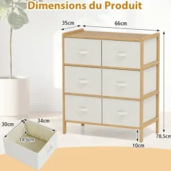 COSTWAY Kommode med 6 stofskuffer og bambusramme, foldbare stofkasser, til skab, stue, entré, 66 x 35 x 78,5 cm Naturlig