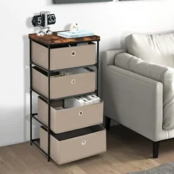 COSTWAY kommode med 4 stofskuffer 42 x 33,5 x 84,5 cm, med metalramme, opbevaringsskuffemøbler til soveværelse, industri, café