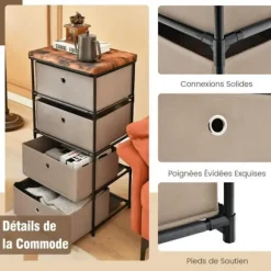 COSTWAY kommode med 4 stofskuffer 42 x 33,5 x 84,5 cm, med metalramme, opbevaringsskuffemøbler til soveværelse, industri, café