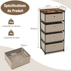 COSTWAY kommode med 4 stofskuffer 42 x 33,5 x 84,5 cm, med metalramme, opbevaringsskuffemøbler til soveværelse, industri, café
