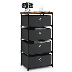 COSTWAY kommode med 4 stofskuffer 42 x 33,5 x 84,5 cm, med metalramme, opbevaringsskuffemøbler til soveværelse, industri, sort Svart