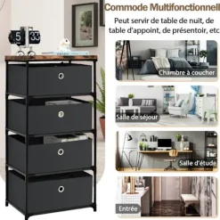 COSTWAY kommode med 4 stofskuffer 42 x 33,5 x 84,5 cm, med metalramme, opbevaringsskuffemøbler til soveværelse, industri, sort Svart