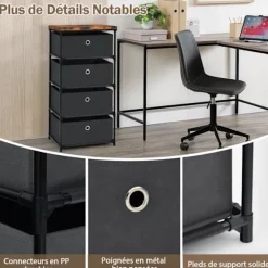 COSTWAY kommode med 4 stofskuffer 42 x 33,5 x 84,5 cm, med metalramme, opbevaringsskuffemøbler til soveværelse, industri, sort Svart