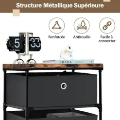 COSTWAY kommode med 4 stofskuffer 42 x 33,5 x 84,5 cm, med metalramme, opbevaringsskuffemøbler til soveværelse, industri, sort Svart