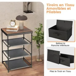 COSTWAY kommode med 3 stofskuffer 48 x 20 x 76 cm, sengebord med metalstel, til soveværelse, industri, sort